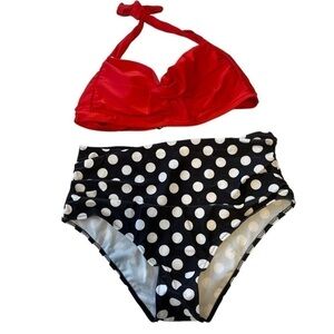 Women’s Two Piece High Waisted Bikini, Black and White Polkadot with Red Top